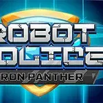 Textul Robot Police Iron Panther pe un fundal albastru, cu un design futurist și un scut portocaliu