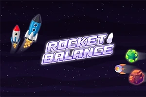 Două rachete colorate zboară prin spațiu în stânga, lângă textul Rocket Balance și planete în dreapta
