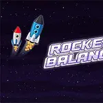 Două rachete colorate zboară prin spațiu în stânga, lângă textul Rocket Balance și planete în dreapta