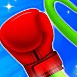 Mănușă de box roșie și o figură verde stilizată pe fundal albastru, cu numărul doi vizibil