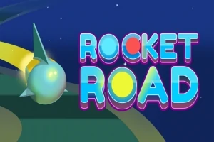 Rachetă colorată în mișcare pe un drum colorat, cu textul ROCKET ROAD în fundal