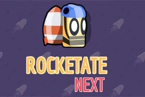 Personaj animat cu cască albastră și rachetă alb-roșie, având textul „ROCKETATE NEXT” pe fundal mov