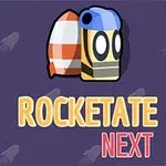 Personaj animat cu cască albastră și rachetă alb-roșie, având textul „ROCKETATE NEXT” pe fundal mov