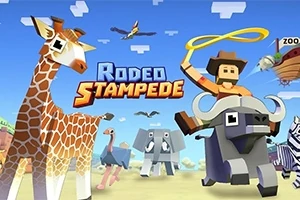 Om cu pălărie de cowboy călare pe un bivol într-un peisaj cu animale stilizate precum girafă, elefant și struț