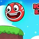 O bilă roșie zâmbitoare pe o platformă cu iarbă și o creatură verde cu un ochi și țepi pe altă platformă, pe un fundal albastru cu nori