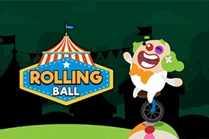 Clovn amuzant cu păr verde pe un monociclu în fața unui cort de circ cu textul Rolling Ball