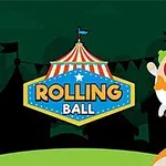 Clovn amuzant cu păr verde pe un monociclu în fața unui cort de circ cu textul Rolling Ball