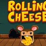 Un șoarece drăguț cu brânză în gură stă pe o podea din lemn, cu textul Rolling Cheese deasupra, pe un fundal verde, și un perete spart în spate