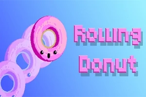 Un gogoș roz cu față zâmbitoare și textul Rolling Donut în stil pixelat pe un fundal albastru