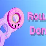 Un gogoș roz cu față zâmbitoare și textul Rolling Donut în stil pixelat pe un fundal albastru