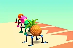 Un ananas și alte obiecte colorate pe picioare metalice mergând pe o platformă geometrică