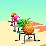 Un ananas și alte obiecte colorate pe picioare metalice mergând pe o platformă geometrică