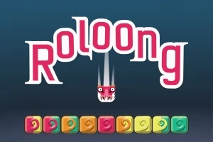 Text stilizat „Roloong” cu un dragon cartoon sublitera „o” și o serie de blocuri colorate decorate cu spirale la baza imaginii
