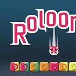 Text stilizat „Roloong” cu un dragon cartoon sublitera „o” și o serie de blocuri colorate decorate cu spirale la baza imaginii