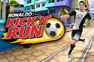 Un jucător de fotbal aleargă pe o stradă pietruită, având lângă el un logo cu un mingea de fotbal și titlul „Kick N Run”