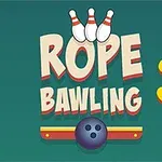 Textul Rope Bawling 3 cu trei popice și o bilă de bowling pe un fundal verde