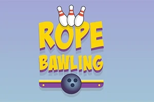 Un text colorat pe un fundal albastru deschis, cu trei popice de bowling și o minge de bowling