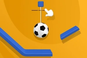 Minge de fotbal suspendată sub un pătrat albastru, cu o platformă albastră înclinată pe un fundal galben