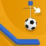 Minge de fotbal suspendată sub un pătrat albastru, cu o platformă albastră înclinată pe un fundal galben