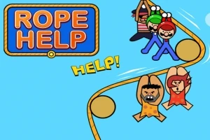 Desene animate cu trei personaje legate de o frânghie pe un fundal albastru, cu un panou pe care scrie ROPE HELP