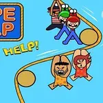 Desene animate cu trei personaje legate de o frânghie pe un fundal albastru, cu un panou pe care scrie ROPE HELP