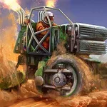 Un vehicul off-road verde cu un șofer în costum și cască roșie, ridicând praf și pământ în timp ce se deplasează rapid