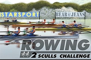 Bărci cu rame pe apă, cu sportivi în competiție și bannere publicitare pe fundal