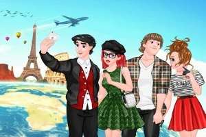 Patru personaje animate pozează vesel în fața unor repere turistice iconice precum Turnul Eiffel și Colosseumul, având și un avion pe cer