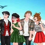 Patru personaje animate pozează vesel în fața unor repere turistice iconice precum Turnul Eiffel și Colosseumul, având și un avion pe cer