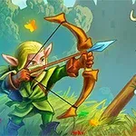Un elf cu urechi ascuțite și păr blond țintește cu un arc spre un goblin verde înarmat, purtând un coif cu coarne, lângă un decor de pădure