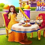 O femeie într-o rochie galbenă și un câine stau la o masă cu gustări, în fața unui castel, cu textul Royal Jigsaw afișat sus