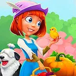 O fată cu păr roșcat ținând un pui galben în mână, alături de un câine alb-negru, un dovleac mare și un coș cu fructe, cu albine și flori roz pe fundal