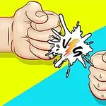Două pumni încleștate unul împotriva celuilalt peste o explozie grafică cu textul vs, pe un fundal galben și albastru
