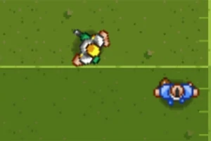 Două personaje pixelate, unul verde și altul albastru, sunt așezate pe un fundal verde cu linii subțiri