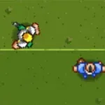 Două personaje pixelate, unul verde și altul albastru, sunt așezate pe un fundal verde cu linii subțiri