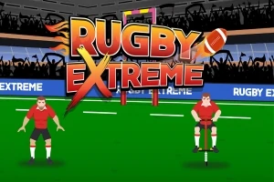 Grafică colorată cu două personaje îmbrăcate în echipament de rugby pe un teren verde, cu un public în fundal și cuvântul Rugby Extreme afișat deasupra