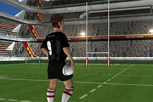 Un jucător de rugby ține mingea și se uită spre un teren cu porți și tribune pline de spectatori