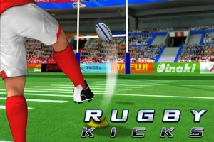 Un jucător de rugby execută un șut către poartă pe un stadion plin de spectatori, cu textul Rugby Kicks afișat în partea de jos