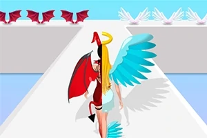 Un personaj feminin cu aripi de înger și demon merge pe un podium, având aureolă și coarne, cu aripi roșii și albastre