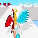 Un personaj feminin cu aripi de înger și demon merge pe un podium, având aureolă și coarne, cu aripi roșii și albastre