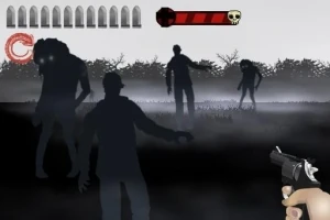 Silhouette de zombi în ceață cu un pistol în prim-plan și un contor de muniție în partea de sus