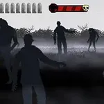 Silhouette de zombi în ceață cu un pistol în prim-plan și un contor de muniție în partea de sus