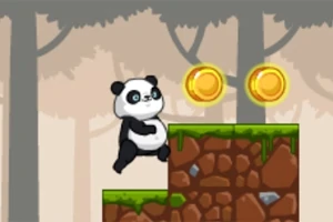 Un panda sare pe o platformă cu monede de aur pe fundal de pădure