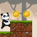 Un panda sare pe o platformă cu monede de aur pe fundal de pădure