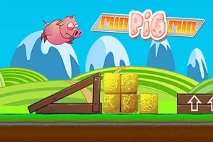 Un porc roz zboară deasupra unui peisaj animat cu munți în fundal și o structură din baloți de paie și o rampă de lemn în prim-plan