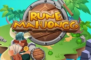 Logo colorat cu inscripția Rune Mahjongg pe un fundal care prezintă o insulă tropicală cu palmieri și personaje vikingi