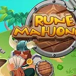 Logo colorat cu inscripția Rune Mahjongg pe un fundal care prezintă o insulă tropicală cu palmieri și personaje vikingi