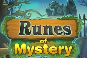 Placă de lemn cu inscripția Runes of Mystery într-un fundal cu statuie, copaci și gard de fier