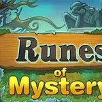 Placă de lemn cu inscripția Runes of Mystery într-un fundal cu statuie, copaci și gard de fier