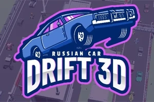 Ilustrație cu o mașină stilizată în albastru, înclinată lateral deasupra unui fundal urbanizant, cu titlul Russian Car Drift 3D evidențiat în text alb cu contururi roz
